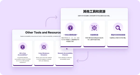 Two panels display accessibility tools and resources with Auto-Detect Language options in English and Chinese, including icons and brief descriptions for accessibility, color blindness, and website accessibility checkers.