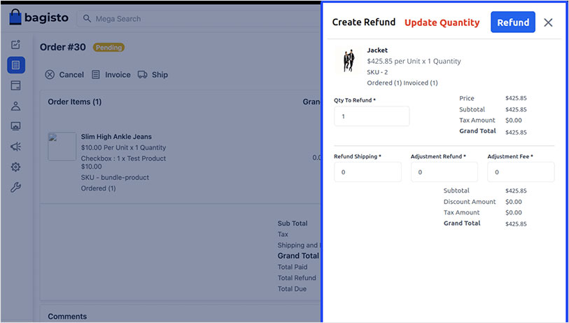 Screenshot of bagisto 2.0 refund creation