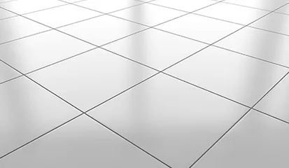 A seamless white tile floor against a plain white background, creating a clean and minimalist aesthetic