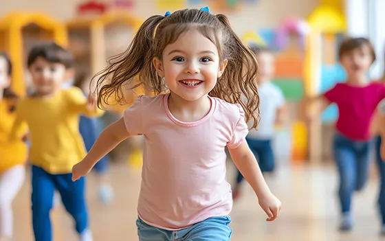 A young girl joyfully runs in a classroom filled with other children engaged in various activities