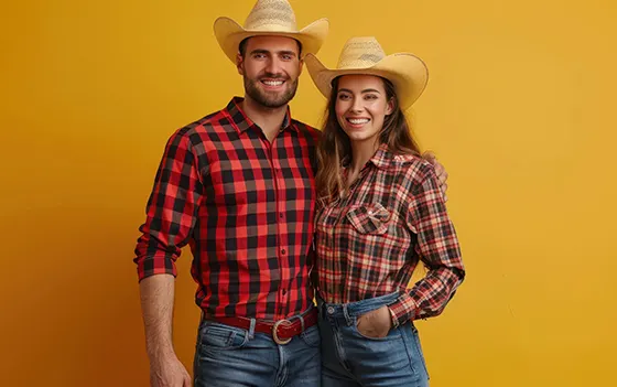 A man and woman wearing cowboy hats, smiling and standing together in a casual outdoor setting