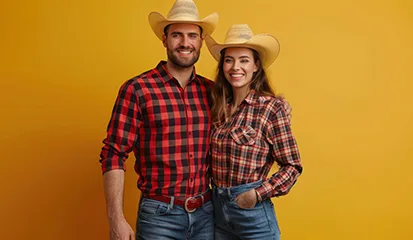 A man and woman wearing cowboy hats, smiling and standing together in a casual outdoor setting